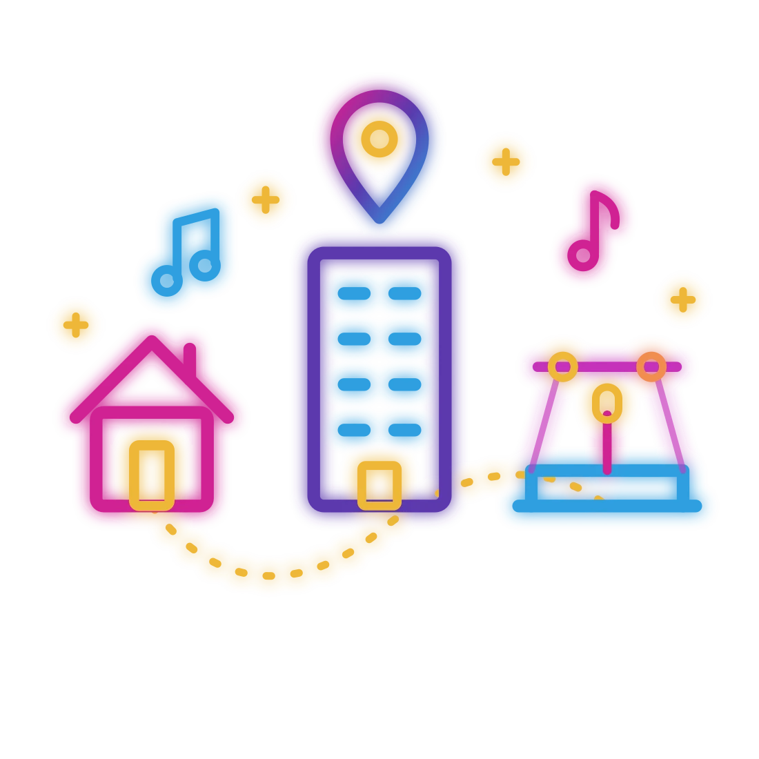 Neon illustration of a home, an office and an event stage