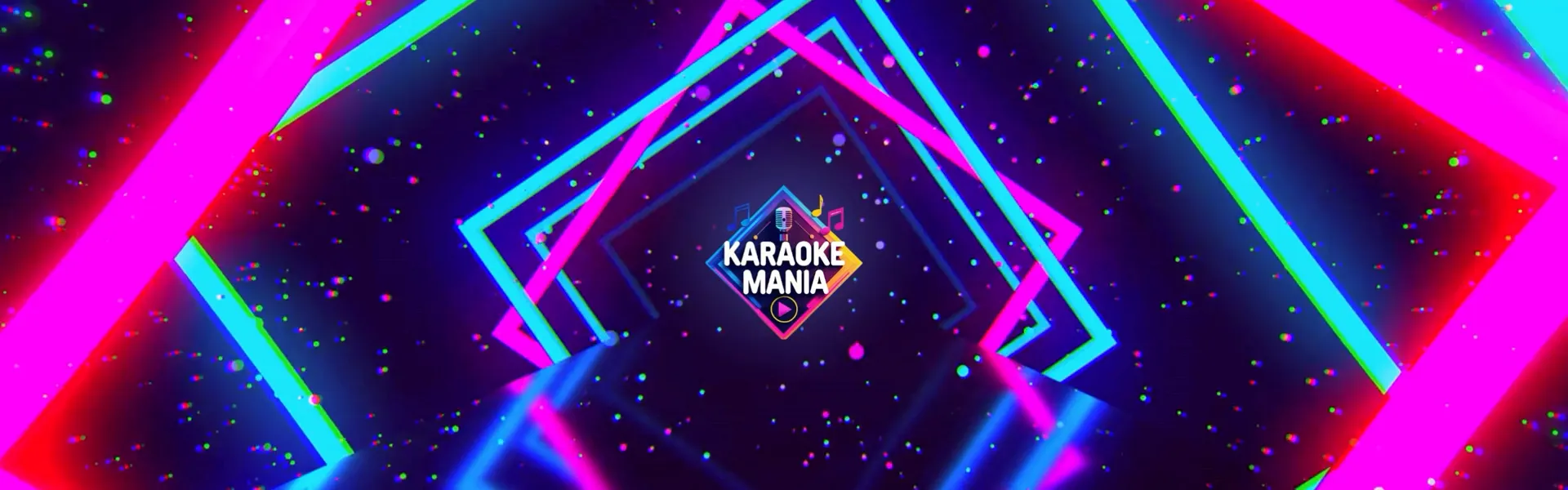 KaraokeMania logo in an animated neon tunnel